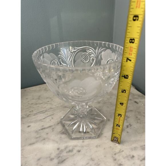 7" American Brilliant Cut Floral Star Crystal Pedestal Footed Bowl Glows Pink! - Picture 5 of 14